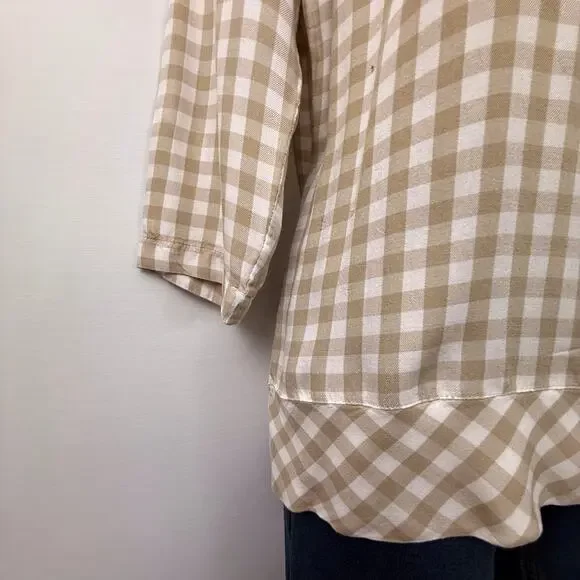 J.Jill tan and white gingham plaid long sleeve popover top - Picture 7 of 16